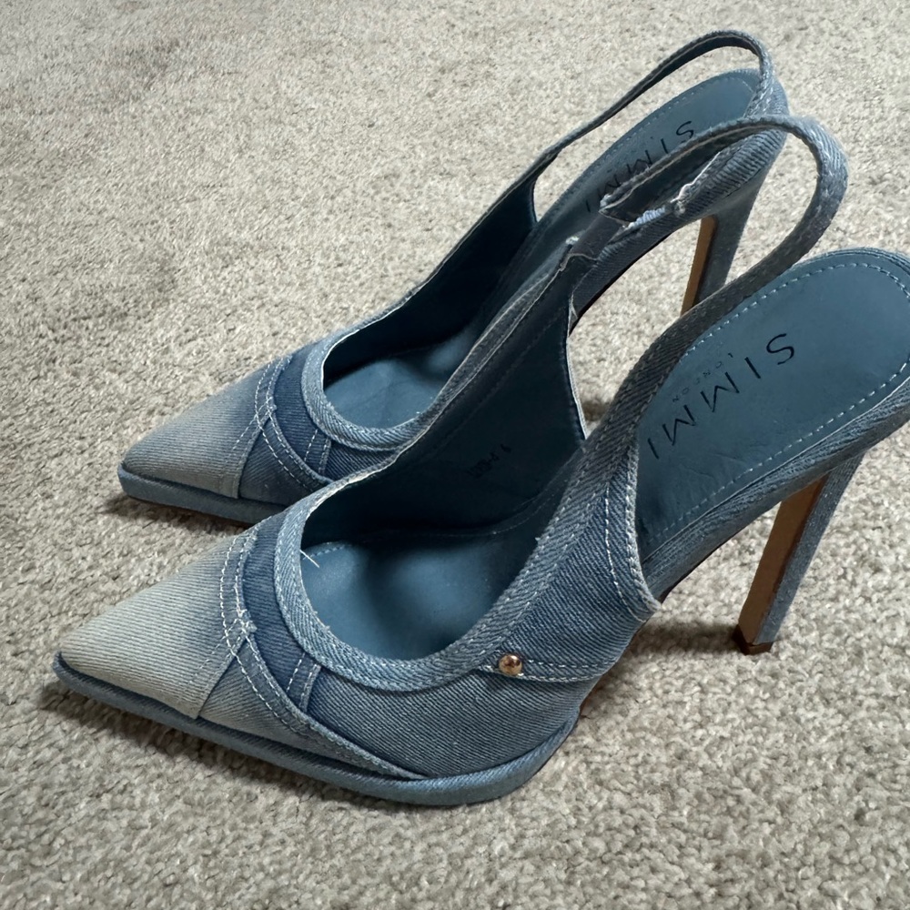 Pointed-Toe Denim Slingback Heels - Blue - Picture 3 of 6